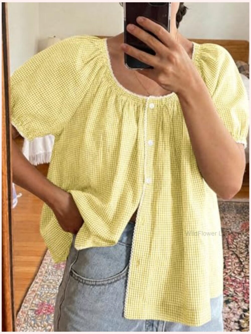 Women Puff Sleeve Gingham Blouse Summer Plaid Crew Neck Cute Tops Trendy Casual - Picture 3 of 7